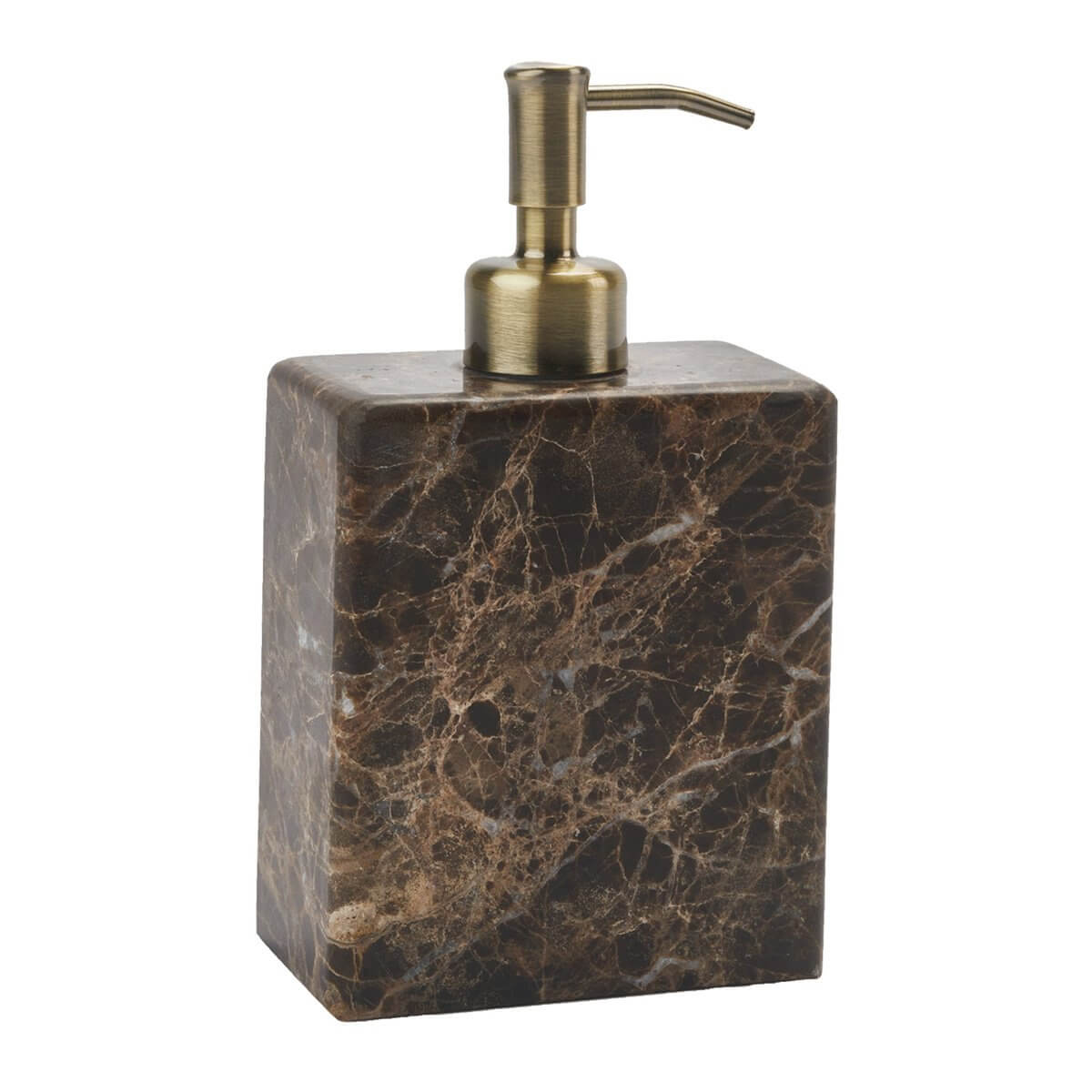 Flacher, brauner Marmor-Seifenspender von Aquanova Hammam: Elegante Form und natürliches Material für ein luxuriöses Ambiente.