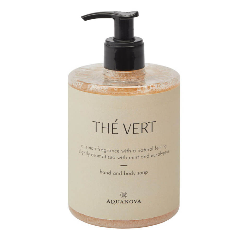Vegane Flüssigseife ohne synthetische Tenside Grüner Tee Aquanova 500ml: Milde Seife mit erfrischendem Grüntee-Aroma.