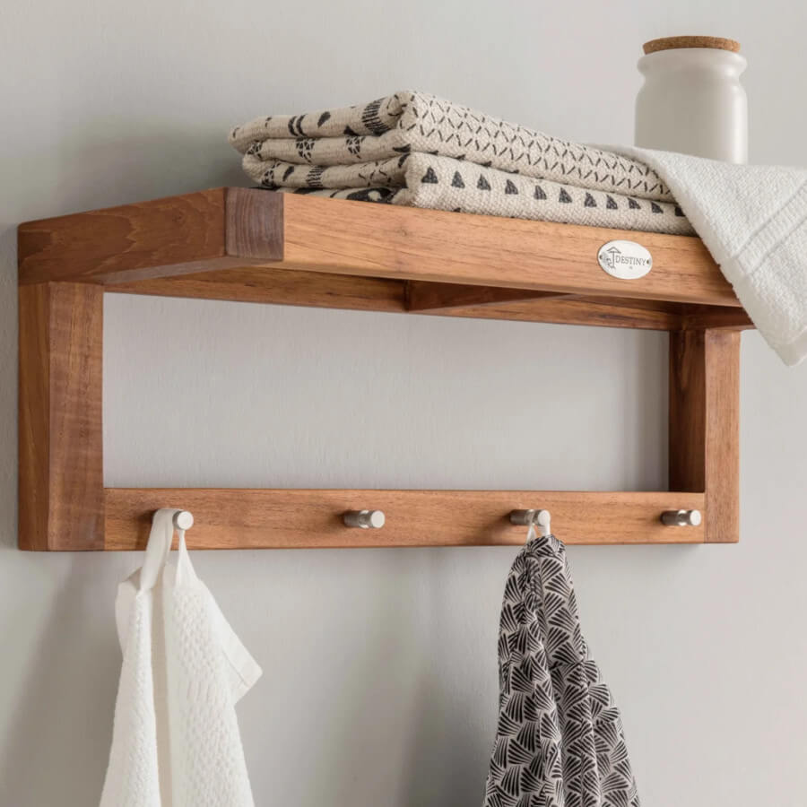 Destiny/Spa Teakholz-Wandbord als Handtuchablage: Natürliche Holzoptik für Ihr Badezimmer, praktische Ablagefläche.